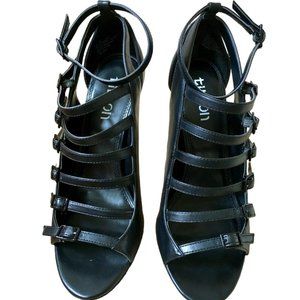 Tildon Black Leather Caged Design buckles Open Toe 4" Heels NEW Sz 8 #02